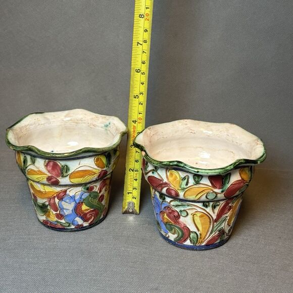 Vintage Italian Hand painted Pottery Planter Floral Etched Ceramic Flower Pot - Picture 8 of 8